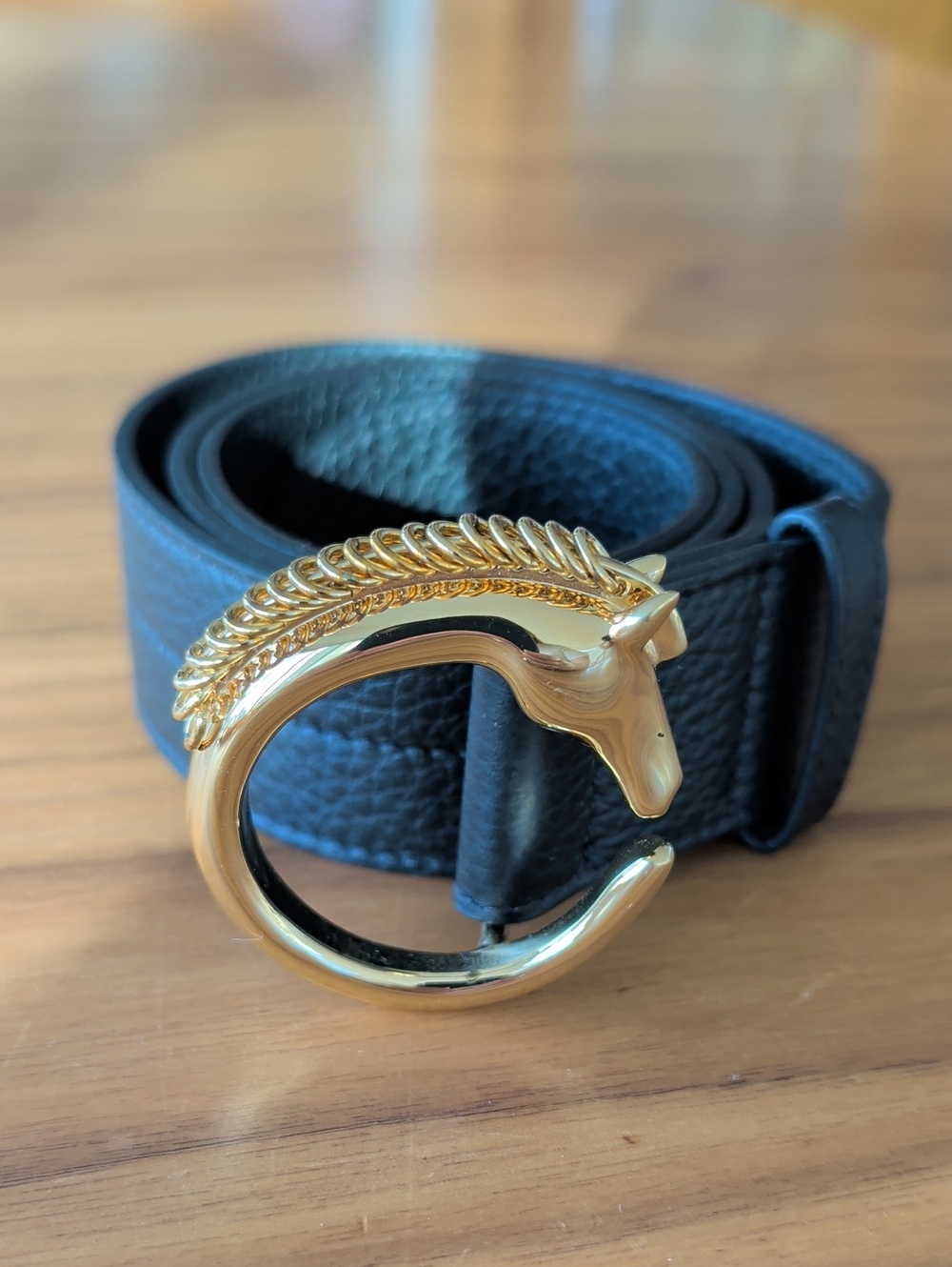 Chloe Black Leather Belt with Gold Horse Buckle